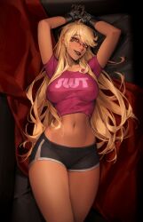 1girl absurdres ahoge alma_armas black-framed_eyewear black_shorts blonde_hair bound bound_wrists breasts brown_eyes commentary covered_erect_nipples cowboy_shot crop_top cuffs dark-skinned_female dark_skin dolphin_shorts from_above glasses grin handcuffs highres large_breasts limart long_hair looking_at_viewer lying mechanical_hands midriff navel on_back over-rim_eyewear paid_reward_available pink_shirt prosthesis prosthetic_hand semi-rimless_eyewear shirt short_shorts short_sleeves shorts slut_shirt smile solo va-11_hall-a very_long_hair