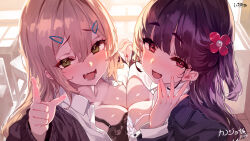 2girls black_bra black_cardigan black_hair blonde_hair blush bra breast_press breasts cardigan cleavage day fang flower_hairpin green_eyes gyaru highres holding_hands indoors large_breasts long_hair looking_at_viewer multiple_girls one_side_up open_clothes open_mouth open_shirt original pink_eyes pointing pointing_up raised_inner_eyebrows shiokonbu shirt smile smug symmetrical_docking underwear white_bra white_shirt
