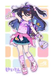Rule 34 | 1girl, ;d, aged down, ahoge, bag, bandaid, bandaid on knee, bandaid on leg, bandaid on thigh, black hair, blue hair, braid, character name, clothes around waist, colored inner hair, commentary, full body, hair between eyes, hair bobbles, hair ornament, hairclip, highres, isuka, jacket, jacket around waist, kson, long hair, looking at viewer, mole, mole under eye, multicolored hair, one eye closed, open mouth, outline, pink jacket, pleated skirt, scrunchie, side braid, simple background, single braid, skirt, smile, solo, two-tone hair, two side up, v, virtual youtuber, vshojo, white outline, wrist scrunchie, wristband