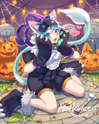 1boy alternate_costume animal_ears animification cat_ears duffy_and_friends gelatoni halloween highres humanization looking_at_viewer pumpkin shirt short_hair silk smile solo spider_web suzaku_(zaku6584) tail