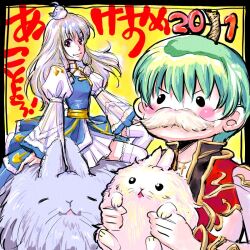 Rule 34 | 1boy, 1girl, 2011, animal, animal on head, arch bishop (ragnarok online), bird, bird on head, black coat, blue dress, breasts, chinese zodiac, closed mouth, coat, commentary request, cross, dress, eclipse (ragnarok online), fake facial hair, fake mustache, gold trim, green hair, grey hair, head fuse, high priest (ragnarok online), holding, holding animal, holding rabbit, juliet sleeves, long hair, long sleeves, looking at viewer, lunatic (ragnarok online), muiro, multicolored coat, on head, pink coat, puffy sleeves, rabbit, ragnarok online, red coat, red eyes, sash, short hair, sitting, small breasts, smile, solid circle eyes, thighhighs, two-tone coat, two-tone dress, upper body, white dress, white thighhighs, year of the rabbit, yellow background, yellow sash