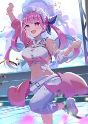 1girl absurdres ahoge alternate_costume arm_up asymmetrical_clothes blue_hair blue_ribbon blunt_bangs blurry blurry_foreground boots braid breasts center_frills chino0803 clenched_hand collared_shirt colored_inner_hair commentary cropped_shirt dancing depth_of_field design_speculation detached_sleeves drill_hair fanged_bangs frills hair_ribbon half_up_braid highres hololive hololive_idol_uniform_(color_rise) idol_clothes large_breasts long_hair maid_headdress midriff minato_aqua multicolored_hair multicolored_shirt navel overskirt pants pink_hair pink_overskirt pink_shirt projected_inset purple_eyes ribbon shirt sidelocks single_detached_sleeve single_pantsleg single_sleeve solo stage standing standing_on_one_leg streaked_hair twin_drills twintails two-tone_hair virtual_youtuber white_boots white_pants white_shirt