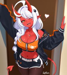 1girl absurdres ahoge artist_name belt black_jacket black_pantyhose black_shorts braid breasts buckle cleavage colored_skin commentary demon_girl demon_horns demon_tail dolphin_shorts ember_(jay_flare) english_commentary fangs hair_ornament hair_over_shoulder heart heart-shaped_buckle heart_necklace highres horns huge_ahoge indoors jacket jay_flare jewelry large_breasts long_hair long_pointy_ears long_sleeves looking_at_viewer micro_shorts midriff navel necklace off_shoulder one_eye_closed open_clothes open_jacket open_mouth orange_eyes orange_sports_bra original pantyhose pointy_ears puffy_long_sleeves puffy_sleeves red_skin shorts smile solo sports_bra tail very_long_hair white_belt white_hair