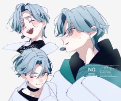 1boy aoi_tete bikini blush choker earrings facing_to_the_side floating_hair green_eyes green_hair green_shirt hair_ornament hairpin headset hibiki_kaito hood hoodie hoop_earrings idol jaw jawbone jewelry kimi_to_idol_precure long_sleeves looking_at_another micro_bikini music one_eye_closed open_mouth parted_bangs precure shirt short_hair singing smile solo solo_focus sweat sweatdrop sweater swimsuit upper_body