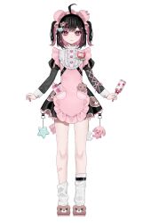 1girl ahoge animal_print animal_shoes bandaid bandaid_on_leg bear_print bebe_(bebe_pp) black_hair blush brown_shoes center_frills chain character_name charm_(object) colored_inner_hair dress fang frills full_body hair_ornament hairclip highres holding holding_rattle juliet_sleeves long_sleeves maid maid_headdress medium_hair multicolored_hair name_tag official_art ogiya_maria pink_eyes pink_hair puffy_sleeves rattle shoes simple_background sleeves_past_wrists solo standing star_(symbol) star_hair_ornament tachi-e transparent_background two-tone_hair two_side_up unconventional_maid vebop_project virtual_youtuber white_sleeve_cuffs
