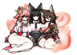 Rule 34 | 3girls, absurdres, animal ear fluff, animal ears, arm at side, ass, asymmetrical docking, bare legs, bare shoulders, barefoot, black hair, black necktie, black skirt, blush, breast press, breasts, brown eyes, brown hair, brown kimono, cleavage, closed mouth, collared shirt, company connection, crossover, detached sleeves, earrings, fingernails, floppy ears, fox ears, fox girl, fox shadow puppet, fox tail, fugue (honkai: star rail), genshin impact, green eyes, hair between eyes, hair ornament, hand on another&#039;s thigh, hand up, highres, honkai: star rail, honkai (series), hoshimi miyabi, jacket, japanese clothes, jewelry, kimono, large breasts, long hair, long sleeves, looking at viewer, low-tied long hair, mask, mask on head, mihoyo, multiple crossover, multiple girls, multiple tails, nail polish, necktie, nontraditional miko, off shoulder, pale skin, panties, parted lips, pink hair, purple eyes, red nails, red panties, seiza, shirt, shoulder tattoo, sideboob, sitting, skindentation, skirt, smile, tail, tattoo, thighs, tingyun (honkai: star rail), toes, trait connection, unaligned breasts, uncolorcube, underwear, very long hair, white shirt, wide sleeves, wing collar, yae miko, zenless zone zero
