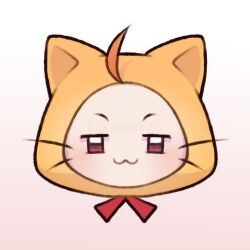 :3 absurdres ahoge animal animal_focus artist_name bow bowtie brown_eyes cat closed_mouth clothed_animal ear_covers gradient_background head_only highres hood hood_up infinity_nikki kokoneakita momo_(nikki) nikki_(series) no_humans red_background red_bow red_bowtie smile solo watermark whiskers white_background white_cat yellow_hood