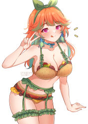 1girl :q absurdres bow_hairband bra breasts burger cleavage cyanzan food frills garter_belt green_hair hairband highres hololive hololive_english large_breasts lingerie looking_at_viewer multicolored_hair navel orange_hair panties simple_background solo takanashi_kiara tongue tongue_out underwear v virtual_youtuber white_background