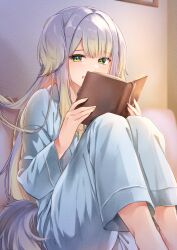 1girl animal_ears blonde_hair blue_pajamas blue_pants blue_shirt book bookmark choppy_bangs collared_pajamas collared_shirt commentary_request dog_ears dog_girl dog_tail feet_out_of_frame film_grain gradient_hair grey_hair hair_over_shoulder hair_spread_out highres holding holding_book indoors knees_up light_blush long_hair long_sidelocks long_sleeves looking_at_viewer multicolored_hair nijisanji open_book open_mouth pajamas pants reading shioriha_ruri shirt sidelocks sitting solo tail tojo_(natumi1412) very_long_hair virtual_youtuber yellow_eyes