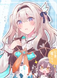 2girls aqua_dress black_gloves black_hairband black_jacket blush cellphone collared_dress cropped_jacket dress firefly_(honkai:_star_rail) flying_sweatdrops gloves gradient_eyes gradient_hair green_pupils grey_hair hair_between_eyes hair_ornament hair_ribbon hairband highres holding holding_phone honkai:_star_rail honkai_(series) jacket long_hair multicolored_eyes multicolored_hair multiple_girls neckerchief open_clothes open_jacket open_mouth orange_neckerchief phone ribbon smartphone sorimachi-doufu sparkle star_(symbol) stelle_(honkai:_star_rail) sweatdrop trailblazer_(honkai:_star_rail) twintails yellow_eyes