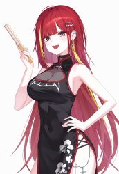 1girl absurdres akane_lize armpits bare_arms bare_shoulders black_choker black_dress black_eyes breasts china_dress chinese_clothes choker cleavage cleavage_cutout clothing_cutout covered_navel cowboy_shot dress ear_piercing fang floral_print folding_fan hair_ornament hairclip hand_fan hand_on_own_hip hashtag-only_commentary highres holding holding_fan long_hair looking_at_viewer medium_breasts mole mole_on_cheek multicolored_hair open_mouth pelvic_curtain piercing red_hair see-through_cleavage see-through_clothes simple_background sleeveless sleeveless_dress smile solo standing stellive streaked_hair thighs very_long_hair virtual_youtuber white_background yioro