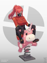 1girl black_boots black_gloves bodysuit boots breasts clip_studio_paint_(medium) commentary commission digiral english_commentary full_body genderswap genderswap_(otf) gloves grey_background highres impossible_bodysuit impossible_clothes large_breasts latex latex_bodysuit long_hair mask ponytail pyro_(tf2) red_eyes red_hair red_pyro_(tf2) respirator shoe_soles sitting solo team_fortress_2 thigh_boots zipper