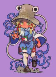 1girl :&gt; absurdres animal_print black_shoes blonde_hair blue_skirt blue_vest blush_stickers bow chromatic_aberration closed_mouth commentary_request cross-laced_clothes cross-laced_skirt frog_print full_body grey_hat hair_ribbon hat highres inuyama_konan leg_up long_sleeves medium_hair moriya_suwako purple_background reaching reaching_towards_viewer red_bow red_ribbon ribbon shirt shoes sidelocks skirt smile solo thighhighs touhou vest white_shirt white_thighhighs wide_sleeves yellow_eyes