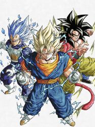 abs absurdres black_hair body_fur dragon_ball dragon_ball_gt dragon_ball_super dragon_ball_z_dokkan_battle dragonball_z earrings gloves highres hiro_(udkod1ezlyi2flo) jewelry looking_at_viewer male_focus monkey_boy monkey_tail multiple_boys muscular muscular_male pants pectorals potara_earrings red_fur saiyan smile son_goku spiked_hair super_saiyan super_saiyan_1 super_saiyan_4 super_saiyan_blue_evolved tail vegeta vegetto