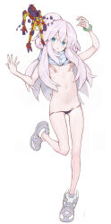 1girl absurdres bandaid bandaids_on_nipples black_panties blue_eyes bracelet breasts commentary deux_murasame flat_chest freckles full_body grey_hair grey_shoes gundam gundam_gquuuuuux gunpla hair_between_eyes highres jewelry long_hair looking_at_viewer model_kit panties parted_lips pasties plaid_clothes plaid_scarf psycho_gundam_(gquuuuuux) reactive_armor revision ryo_(tg290) scarf shoes simple_background small_breasts solo standing standing_on_one_leg topless_female underwear white_background white_scarf