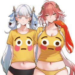 2girls breast_envy changli_(wuthering_waves) character_request colored_extremities emoji flat_chest_joke flushed_face_emoji flushed_face_emoji_shirt_(meme) hair_extensions highres jinhsi_(wuthering_waves) meme multicolored_hair multiple_girls navel print_shirt red_hands ring_hair_extensions shirt two-tone_hair wuthering_waves yellow_shirt zaviiertm