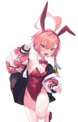 1girl ahoge amana_(pocketkey) animal_ears asymmetrical_bangs blue_archive bow bowtie braid cowboy_shot detached_collar fake_animal_ears highleg highleg_leotard highres huge_ahoge jacket leotard mole mole_under_eye neru_(blue_archive) neru_(bunny)_(blue_archive) orange_hair oversized_breast_cup playboy_bunny print_jacket rabbit_ears red_bow red_bowtie red_eyes red_leotard single_braid solo standing standing_on_one_leg sukajan tag traditional_bowtie