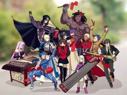 5boys 6+girls ahoge anger_vein archer_(fate) armor armored_dress artoria_pendragon_(fate) bare_shoulders black_gloves black_hair black_legwear black_neckwear black_skirt blazer blindfold blonde_hair blue_bodysuit blue_hair blurry bodysuit boots bow bracer cape child cloak coat collar commentary_request covering_own_ears cu_chulainn_(fate) cu_chulainn_(fate/stay_night) dark-skinned_male dark_skin depth_of_field detached_sleeves dizi dress drum erhu faceless facial_mark fate/stay_night fate_(series) flute forehead_mark formal_clothes gauntlets glasses gloves hair_bow hair_bun hair_ribbon hat heracles_(fate) homurabara_academy_school_uniform hood hooded_cloak instrument jacket kuzuki_souichirou long_hair long_skirt long_sleeves matou_sakura matou_shinji medea_(caster)_(fate) medea_(fate) medusa_(fate) medusa_(rider)_(fate) meme motion_lines multiple_boys multiple_girls music necktie open_mouth pants parody pauldrons pink_boots pink_hair pipa_(instrument) playing_instrument ponytail purple_hair purple_ribbon red_bow red_coat ribbon saber_(fate) school_uniform shirt short_hair shoulder_armor single_hair_bun sitting skirt strapless strapless_dress suit suona tagme thighhighs tohsaka_rin transverse_flute trench_coat trumpet trumpet_boy_(meme) twintails two_side_up white_hair white_shirt white_skirt yaoshi_jun zettai_ryouiki
