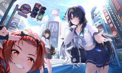 absurdres alternate_costume bag bag_charm baizhi_(wuthering_waves) bangs_pinned_back beret black_bow black_eyes black_gloves black_hair blue_hat blue_neckerchief blue_sailor_collar blue_skirt blue_sky blunt_bangs bow braid breasts brown_bag charm_(object) chixia_(wuthering_waves) closed_mouth commentary_request crop_top day feather_hair female_rover_(wuthering_waves) fingerless_gloves gloves grey_skirt grin hair_bow hat highres large_breasts leaning_forward looking_at_viewer male_rover_(wuthering_waves) mole mole_under_eye multicolored_hair neckerchief necktie offering_hand official_art_inset outdoors parted_bangs partial_commentary red_eyes red_hair rover_(wuthering_waves) sailor_collar school_bag school_uniform serafuku shirt shoulder_bag skirt sky smile streaked_hair tacet_mark_(wuthering_waves) verina_(wuthering_waves) white_shirt wuthering_waves yangyang_(wuthering_waves) yellow_necktie zerosan_(jmmu4533)