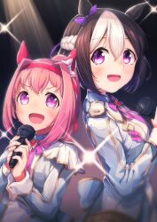 2girls :d bow braid brooch brown_hair collared_shirt commentary ear_bow flower-shaped_pupils hair_between_eyes hairband haru_urara_(umamusume) highres holding holding_microphone jewelry long_sleeves microphone moko39_takasora multicolored_hair multiple_girls open_mouth pink_bow pink_hair ponytail purple_bow purple_eyes red_hairband shirt smile special_week_(umamusume) symbol-shaped_pupils two-tone_hair umamusume upper_body v-shaped_eyebrows white_bow white_hair white_shirt
