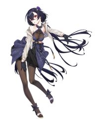 1girl ;) aircraft alpha_transparency black_gloves black_hair black_skirt blowing_kiss breasts closed_eyes collarbone commentary counter:side cropped_jacket dress floating_hair flower full_body gloves hair_between_eyes hair_flower hair_ornament halter_dress halterneck hand_on_own_thigh head_tilt helicopter high_heels highres jacket leaning_to_the_side leg_up lily_(counter:side) long_hair looking_at_viewer low_ponytail official_alternate_costume official_art one_eye_closed open_clothes open_jacket pantyhose parted_lips ponytail pouch purple_dress purple_flower purple_rose red_eyes rose simple_background single_off_shoulder skirt small_breasts smile solo standing standing_on_one_leg strappy_heels transparent_background