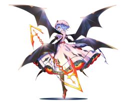 Rule 34 | 1girl, absurdres, bat wings, black pantyhose, black sleeves, blue hair, dress, full body, hat, highres, koumajou densetsu, koumajou densetsu 1, long sleeves, looking at viewer, looking back, medium hair, mob cap, open mouth, pantyhose, pink dress, red eyes, red shoes, remilia scarlet, shoes, sia 6767, smile, solo, spear the gungnir, touhou, vampire, white background, wings