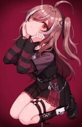 1girl absurdres ahoge belt belt_chain black_leg_warmers black_shirt black_skirt black_sweater brown_hair choker emo_fashion feathers fingernails hair_over_one_eye hands_on_own_face heart heart_choker highres hololive hololive_english huge_ahoge leg_warmers long_hair looking_at_viewer looking_up multicolored_hair nanado_shion nanashi_mumei nanashi_mumei_(emo) o-ring o-ring_thigh_strap one_side_up open_mouth orange_eyes parted_lips plaid_clothes plaid_skirt platform_shoes pleated_skirt red_background red_sweater seiza shirt shirt_tucked_in sitting skirt streaked_hair striped_clothes striped_sweater sweater sweater_under_shirt t-shirt thigh_strap torn_clothes torn_sweater two-tone_sweater very_long_hair vignetting virtual_youtuber wavy_hair