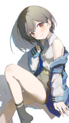 1girl absurdres bang_dream! bang_dream!_it&#039;s_mygo!!!!! belt black_hair black_skirt black_socks closed_mouth collared_shirt coria earrings highres jacket jewelry knee_up long_sleeves looking_at_viewer open_clothes open_jacket shadow shirt short_hair simple_background single_off_shoulder sitting skirt sleeveless sleeveless_shirt smile socks solo takamatsu_tomori white_background white_shirt