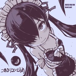 1girl alternate_costume apron armpit_crease arms_behind_back backbeako_(torotei) backbeard blue_background blue_theme blush breasts closed_mouth collarbone commentary dated dated_commentary dutch_angle enmaided gegege_no_kitarou hair_over_one_eye hair_ribbon heart_apron kono_lolicon_domome light_frown loli long_hair looking_at_viewer maid maid_headdress monochrome naked_apron original paid_reward_available pointy_ears ribbon simple_background small_breasts solo torotei translated twintails very_long_hair watermark web_address
