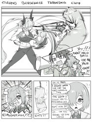 !? 1boy 2girls boxing_gloves clenched_teeth command_spell das_(dan_dan) english_text fate/grand_order fate_(series) fujimaru_ritsuka_(male) glasses greyscale hair_over_one_eye highres jacket lilith_(fate) long_hair mash_kyrielight megaphone midriff monochrome multiple_girls photo_(object) punching punching_bag teeth track_jacket training twintails v
