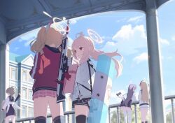 5girls assault_rifle bag ballistic_shield black_sailor_collar black_skirt black_socks black_thighhighs blonde_hair blue_archive feathered_wings game_cg gun halo highres holding holding_bag holding_gun holding_shield holding_weapon jacket kneehighs multiple_girls natsu_(blue_archive) non-web_source official_art pink_bag pink_hair pink_halo pink_skirt plaid_clothes plaid_skirt ponytail purple_hair red_eyes red_jacket rifle sailor_collar shield skirt socks thighhighs twintails weapon white_jacket wings yellow_halo yoshimi_(blue_archive)