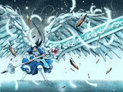 1boy armor armored_dress bad_id bad_pixiv_id blue_theme caustics dress faulds feathers highres holding huge_weapon long_hair male_focus moonsorrow original solo standing sword two-handed very_long_hair wading weapon wide_shot wings