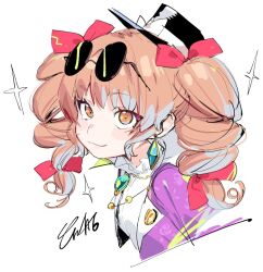 1girl aqua_gemstone black_hat blush bow brown_hair buttons closed_mouth coat crystal_earrings dress drill_hair earrings eyewear_on_head floral_print hair_between_eyes hair_bow hair_ribbon hat hat_bow jewelry lapels long_hair looking_at_viewer mini_hat necklace open_clothes open_coat orange_eyes pink_bow pink_ribbon purple_coat ribbon rose_print round_eyewear sidelocks simple_background smile solo sparkle sunglasses touhou twin_drills ushikousen white_background white_bow white_dress yorigami_jo&#039;on