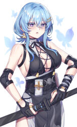 1girl absurdres bandaged_arm bandages bare_shoulders black_dress black_gloves blue_butterfly blue_hair blush breasts bug butterfly colored_eyelashes commentary cosplay cowboy_shot cross-laced_clothes cross-laced_dress dress earrings elbow_pads english_commentary female_rover_(wuthering_waves) female_rover_(wuthering_waves)_(cosplay) flareza gloves hair_between_eyes hair_ornament hairclip highres holding holding_sword holding_weapon insect jewelry large_breasts long_hair looking_at_viewer parallel_hairclips parted_lips partially_fingerless_gloves purple_eyes rover_(wuthering_waves) scabbard sheath sheathed shorekeeper_(wuthering_waves) sleeveless sleeveless_dress solo sword triangle_earrings weapon white_background wuthering_waves