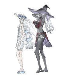 Rule 34 | 2girls, bikini, black skin, breasts, cleavage, colored skin, dark-skinned female, dark skin, dress, elden ring, elden ring nightreign, hat, highres, large breasts, large hat, long hair, multiple girls, purple hat, recluse (elden ring), revenant (elden ring), riio, swimsuit, very dark skin, white hair, witch, witch hat