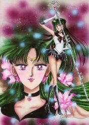 1990s_(style) 1girl absurdres airbrush_(medium) artbook bishoujo_senshi_sailor_moon black_boots black_choker black_skirt boots choker closed_mouth earrings flower full_body garnet_rod green_hair half_updo highres holding holding_staff incredibly_absurdres jewelry key lipstick long_hair magical_girl makeup meiou_setsuna non-web_source official_art parted_lips pink_eyes pink_flower pink_lips purple_background retro_artstyle sailor_pluto sailor_senshi_uniform scan skirt staff takeuchi_naoko very_long_hair