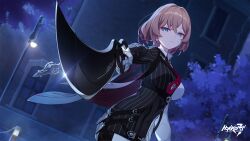 1girl bandaged_arm bandages bandaid bandaid_on_cheek bandaid_on_face black_jacket blue_eyes breasts brown_hair city closed_mouth collared_shirt dagger earrings highres holding holding_dagger holding_knife holding_weapon honkai_(series) honkai_impact_3rd jacket jewelry knife lantern_(honkai_impact) large_breasts long_sleeves looking_at_viewer necktie night night_sky official_art outdoors purple_necktie shirt short_hair sky solo tree weapon white_shirt