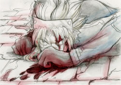 1boy angry b_(sekaidron) bleeding blood blood_from_forehead blood_on_clothes blood_on_face blood_on_ground blood_on_hands blood_splatter clenched_hand clenched_hands coat covering_own_mouth crack cracked_floor defeat facing_to_the_side graphite_(medium) grimace hair_over_one_eye hair_slicked_back hands_on_ground headband indoors injury looking_up lying male_focus nintendo on_ground on_stomach pokemon pokemon_colosseum sketch tile_floor tiles traditional_media wes_(pokemon)