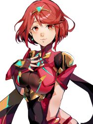 1girl 4me3ba_niku black_gloves breasts chest_jewel fingerless_gloves gloves headpiece highres large_breasts pyra_(xenoblade) red_eyes red_hair short_hair simple_background solo swept_bangs white_background xenoblade_chronicles_(series) xenoblade_chronicles_2