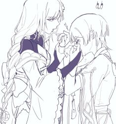 1boy 1girl adam&#039;s_apple armor blunt_ends blush breasts bridal_gauntlets cleavage closed_eyes crying curled_fingers eyelashes facing_down flower furisode genshin_impact greyscale hair_flower hair_ornament hair_tie hands_up height_difference highres holding_another&#039;s_wrist japanese_armor japanese_clothes kimono kote layered_sleeves long_hair long_sleeves looking_at_another low-braided_long_hair low-tied_long_hair medium_breasts middle_ring monochrome mother_and_son obi off_shoulder open_mouth raiden_shogun rope sash scaramouche_(genshin_impact) seraharuko shimenawa short_sleeves shrug_(clothing) sketch tsurime wide_sleeves