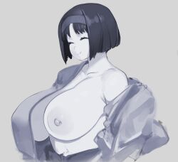 1girl ^_^ breasts closed_eyes drowsykrid erika_(pokemon) greyscale hairband highres japanese_clothes kimono large_breasts monochrome nintendo open_clothes open_kimono pokemon pokemon_rgby short_hair shoulder_peek single_bare_shoulder smile solo upper_body