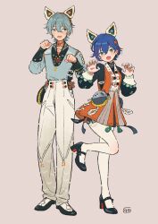 1boy 1girl animal_ears belle_(delicate_daylight)_(zenless_zone_zero) belle_(zenless_zone_zero) black_shoes blue_hair blush brother_and_sister chinese_clothes claw_pose commentary_request dress fake_animal_ears full_body green_eyes grey_hair hair_between_eyes hair_ornament highres leg_up long_sleeves looking_at_viewer multicolored_nails nail_polish open_mouth pants pantyhose paw_pose shiro_chan46 shoes short_hair siblings simple_background standing white_pantyhose wise_(soaring_crane)_(zenless_zone_zero) wise_(zenless_zone_zero) zenless_zone_zero