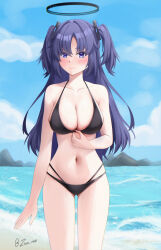 Rule 34 | 1girl, absurdres, azurarts, beach, bikini, black bikini, blue archive, blue sky, breasts, cloud, day, feet out of frame, gluteal fold, halo, highres, horizon, large breasts, long hair, looking at viewer, mechanical halo, mountainous horizon, multi-strapped bikini bottom, navel, ocean, outdoors, purple eyes, purple hair, sky, solo, swimsuit, thigh gap, two side up, yuuka (blue archive)