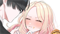 Rule 34 | 1boy, 1girl, black-framed eyewear, black hair, blonde hair, blush, burger, closed eyes, commentary request, facing another, food, food on face, forehead, gakuen idolmaster, glasses, hetero, holding, holding burger, holding food, idolmaster, juo sena, kasasagi (futagodori888), multicolored hair, nose blush, pink hair, producer (idolmaster), simple background, streaked hair, sweatdrop, two-tone hair, white background