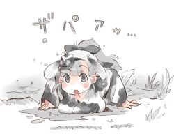 1girl blush bow camouflage dripping fins fish_girl fish_tail grey_eyes grey_hair grey_kimono hair_bow head_fins japanese_clothes jinmen-gyo_(kemono_friends) kemono_friends kimono long_sleeves mask mask_on_head multicolored_kimono nyororiso_(muyaa) open_mouth partially_submerged ponytail solo tail translation_request white_kimono