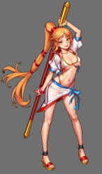 1girl arm_up as109 bikini blonde_hair breasts cleavage crop_top feet female_focus full_body high_heels highres jacket large_breasts long_hair long_legs looking_at_viewer navel open_clothes open_mouth open_shirt ponytail sandals sangai_senki sarong see-through_clothes shirt shoes sideboob simple_background smile solo staff standing sun_wukong swimsuit toeless_footwear toes underboob very_long_hair white_bikini wristband yellow_eyes