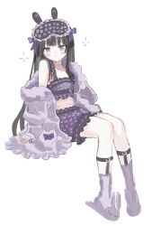 1984_(cw1000110) 1girl black_hair blush bow frown hair_bow highres jacket long_hair multiple_hair_bows original purple_eyes purple_jacket simple_background sitting solo very_long_hair