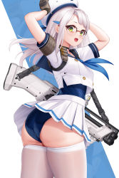 1girl absurdres all-break allenes ammunition ass beret black_choker blue_neckerchief brown_gloves bullpup choker commentary double-barreled_shotgun from_behind glasses gloves goddess_of_victory:_nikke green_eyes gun hair_ornament hairclip hat highres looking_at_viewer medium_hair multiple-barrel_gun neckerchief neon_(nikke) open_mouth pleated_skirt pump-action_shotgun pump_action school_uniform serafuku short_sleeves shotgun shotgun_shell side-by-side-barreled_shotgun skirt smile solo standard_manufacturing_dp-12 standing swimsuit swimsuit_under_clothes thighhighs thighs twisted_torso vertical_forward_grip weapon white_hair white_hat white_serafuku white_skirt white_thighhighs
