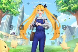 Rule 34 | 1girl, :d, aircraft, airplane, bag, blonde hair, blue overalls, camera, commentary, dokibird (vtuber), dokibird (vtuber) (retro doki), dragoon (dokibird), english commentary, english text, green eyes, handbag, holding, holding camera, iam cryo, indie virtual youtuber, kuala lumpur, open mouth, outdoors, overalls, petronas twin towers, sample watermark, shirt, sky, smile, tree, twintails, virtual youtuber, watermark, white shirt