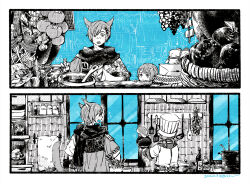 1boy 1girl :o animal_ears apple border bottle cat_ears cat_tail chef_hat cooking final_fantasy final_fantasy_xiv flipping_food food fruit frying_pan g&#039;raha_tia greyscale_with_colored_background hat holding_pan itowo_(itowc) kitchen ladle lalafell loaded_interior miqo&#039;te spatula tail tomato towel warrior_of_light_(ff14) white_border